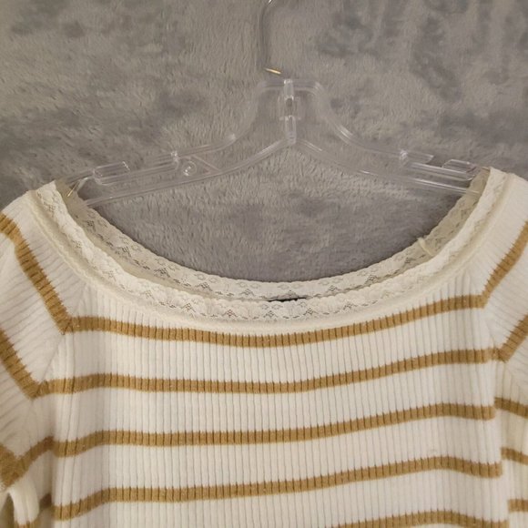 Vanity Womens Sweater Knit Pullover Striped 3/4 Sleeve Lace Collar Beige Brown M - Picture 7 of 9